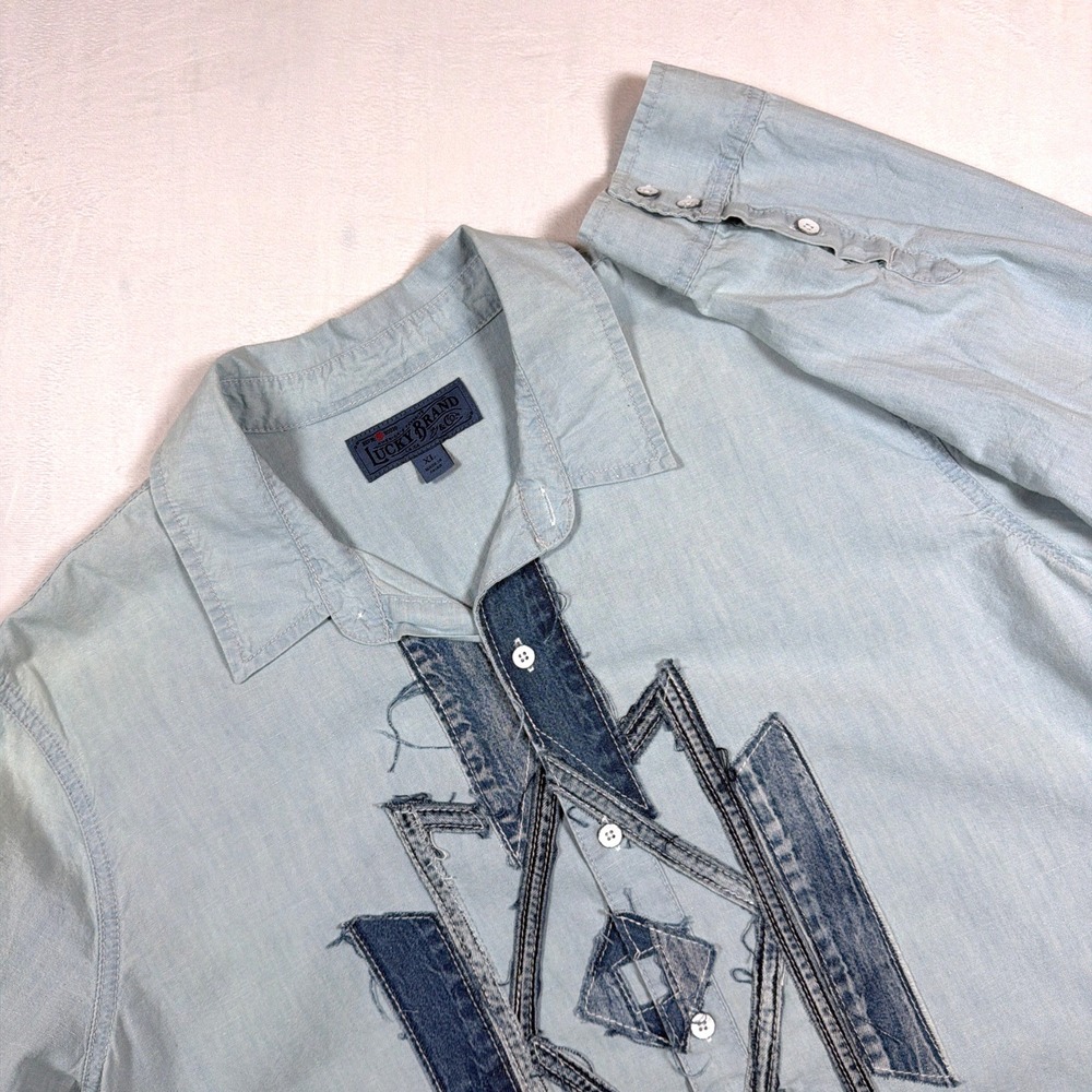 Lucky Brand Y2K Western Chambray Shirt Mens XL Embroidered Americana Denim
